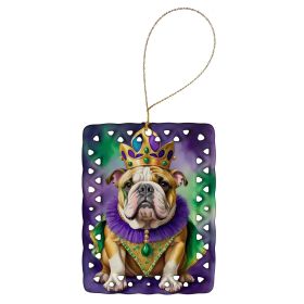 English Bulldog King of Mardi Gras Porcelain Ornament Christmas Tree Hanging Decorations for Home Christmas Holiday, Rectangle, Gift, Multicolor