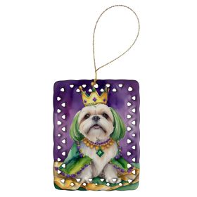 Lhasa Apso King of Mardi Gras Porcelain Ornament Christmas Tree Hanging Decorations for Home Christmas Holiday, Rectangle, Gift, Multicolor