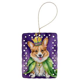 Corgi King of Mardi Gras Porcelain Ornament Christmas Tree Hanging Decorations for Home Christmas Holiday, Rectangle, Gift, Multicolor
