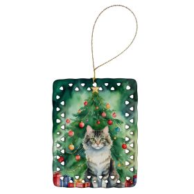 La Perm Cat By the Christmas Tree Porcelain Ornament Christmas Tree Hanging Decorations for Home Christmas Holiday, Rectangle, Gift, Multicolor