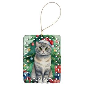 Scottish Fold Cat By the Christmas Tree Porcelain Ornament Christmas Tree Hanging Decorations for Home Christmas Holiday, Rectangle, Gift, Multicolor