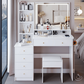 41" Large Size Left Bedside Cabinet Vanity Table+Cushioned Stool Dresser Set, 2 AC+2 USB Power Station, Hair Dryer Stand