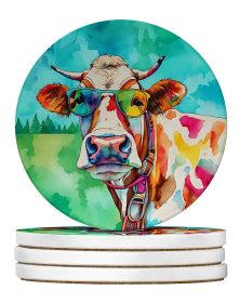 Hippie Animal Cow Large Sandstone Coasters Pack of 4 Absorbent Round Coasters Decor Gifts for Men or Women, 4 in, Multicolor