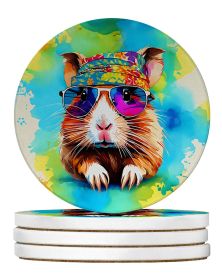 Hippie Animal Guinea Pig Large Sandstone Coasters Pack of 4 Absorbent Round Coasters Decor Gifts for Men or Women, 4 in, Multicolor