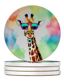 Hippie Animal Giraffe Large Sandstone Coasters Pack of 4 Absorbent Round Coasters Decor Gifts for Men or Women, 4 in, Multicolor