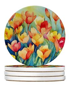 Freesias in Watercolor Large Sandstone Coasters Pack of 4 Absorbent Round Coasters Decor Gifts for Men or Women, 4 in, Multicolor