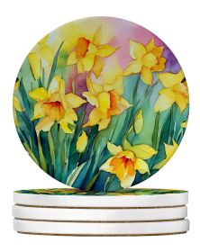 Daffodils in Watercolor Large Sandstone Coasters Pack of 4 Absorbent Round Coasters Decor Gifts for Men or Women, 4 in, Multicolor