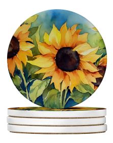 Sunflowers in Watercolor Large Sandstone Coasters Pack of 4 Absorbent Round Coasters Decor Gifts for Men or Women, 4 in, Multicolor
