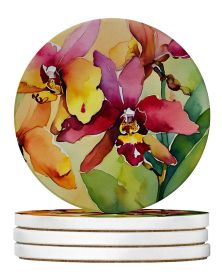 Orchids in Watercolor Large Sandstone Coasters Pack of 4 Absorbent Round Coasters Decor Gifts for Men or Women, 4 in, Multicolor
