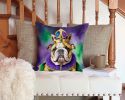 English Bulldog King of Mardi Gras Throw Pillow Machine Washable, Indoor Outdoor Decorative Pillow for Couch, Bed or Patio, 14Hx14W