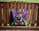 Pug King of Mardi Gras Throw Pillow Machine Washable, Indoor Outdoor Decorative Pillow for Couch, Bed or Patio, 14Hx14W