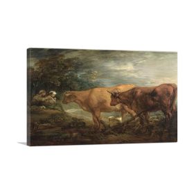 Wooded Landscape With Rustic Lovers And Two Cows (Type: Standard Framed Canvas Print, size: 32" x 24" / 80cm x 60cm (approx))