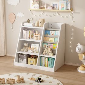 Wooden Toy Storage Organizer Cabinet Kids Bookshelf Children Bookcase Toddler Baby Sling Book Rack Adjustable Shelf for Playroom Bedroom Nursery Hallw (Color: White, Material: MDF)